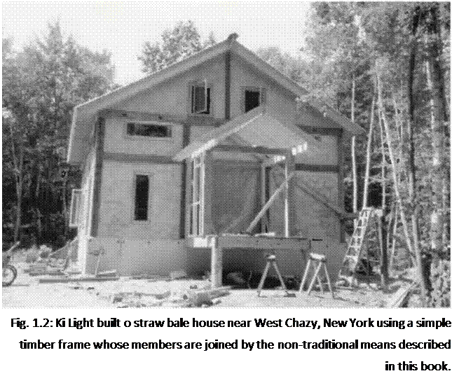 Подпись: Fig. 1.2: Ki Light built о straw bale house near West Chazy, New York using a simple timber frame whose members are joined by the non-traditional means described in this book. 