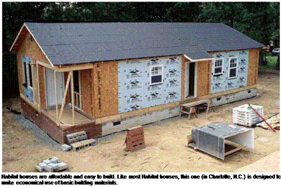 Подпись: Habitat houses are affordable and easy to build. Like most Habitat houses, this one (in Charlotte, N.C.) is designed to make economical use of basic building materials. 