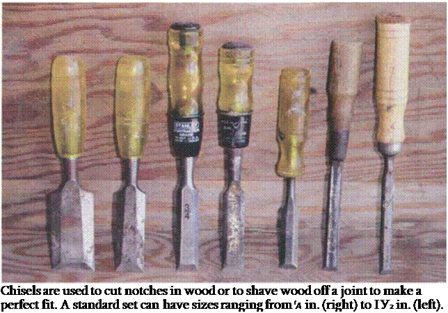 Подпись: Chisels are used to cut notches in wood or to shave wood off a joint to make a perfect fit. A standard set can have sizes ranging from lA in. (right) to ІУ2 in. (left). 