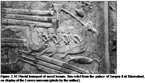 Подпись: Figure 2.16 Fluvial transport of wood beams. Bas-relief from the palace of Sargon II at Khorsabad, on display at the Louvre museum (photo by the author). 