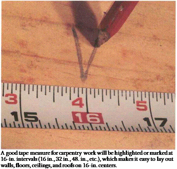 Подпись: A good tape measure for carpentry work will be highlighted or marked at 16-in. intervals (16 in., 32 in., 48. in., etc.), which makes it easy to lay out walls, floors, ceilings, and roofs on 16-in. centers. 