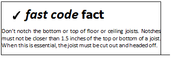 Подпись: ✓ fast code fact Don’t notch the bottom or top of floor or ceiling joists. Notches must not be closer than 1.5 inches of the top or bottom of a joist. When this is essential, the joist must be cut out and headed off. 
