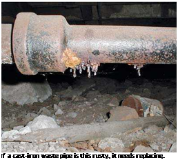 Подпись: If a cast-iron waste pipe is this rusty, it needs replacing. 