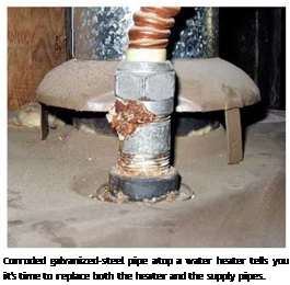 Подпись: Corroded galvanized-steel pipe atop a water heater tells you it's time to replace both the heater and the supply pipes. 
