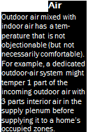 Подпись: Tempered Air Outdoor air mixed with indoor air has a tem-perature that is not objectionable (but not necessarily comfortable). For example, a dedicated outdoor-air system might temper 1 part of the incoming outdoor air with 3 parts interior air in the supply plenum before supplying it to a home’s occupied zones. 