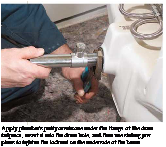 Подпись: Apply plumber's putty or silicone under the flange of the drain tailpiece, insert it into the drain hole, and then use sliding-jaw pliers to tighten the locknut on the underside of the basin. 