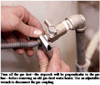 Подпись: Turn off the gas first—the stopcock will be perpendicular to the gas line—before removing an old gas-fired water heater. Use an adjustable wrench to disconnect the gas coupling. 
