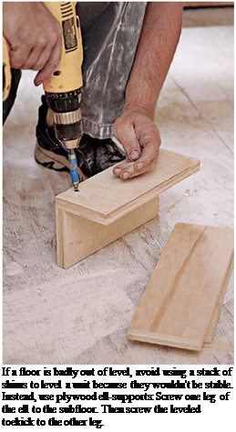 Подпись: If a floor is badly out of level, avoid using a stack of shims to level a unit because they wouldn't be stable. Instead, use plywood ell-supports: Screw one leg of the ell to the subfloor. Then screw the leveled toekick to the other leg. 