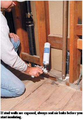 Подпись: If stud walls are exposed, always seal air leaks before you start insulating. 
