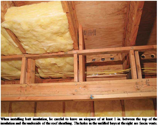 Подпись: When installing batt insulation, be careful to leave an airspace of at least 1 in. between the top of the insulation and the underside of the roof sheathing. The holes in the unfilled bays at the right are fascia vents. 