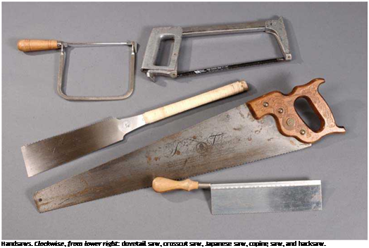 Подпись: Handsaws. Clockwise, from lower right: dovetail saw, crosscut saw, Japanese saw, coping saw, and hacksaw. 