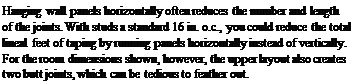 Подпись: Hanging wall panels horizontally often reduces the number and length of the joints. With studs a standard 16 in. o.c., you could reduce the total lineal feet of taping by running panels horizontally instead of vertically. For the room dimensions shown, however, the upper layout also creates two butt joints, which can be tedious to feather out.