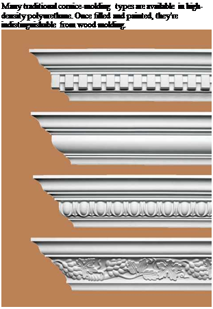 Подпись: Many traditional cornice-molding types are available in high-density polyurethane. Once filled and painted, they're indistinguishable from wood molding. 