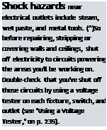 Подпись: Shock hazards near electrical outlets include steam, wet paste, and metal tools. (^)So before repairing, stripping or covering walls and ceilings, shut off electricity to circuits powering the areas you'll be working on. Double-check that you've shut off those circuits by using a voltage tester on each fixture, switch, and outlet (see "Using a Voltage Tester," on p. 235).