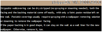 Подпись: StrippaDle VS. PEELABLE Strippable wallcovering can be dry stripped (no spraying or steaming needed); both the facing and the backing material come off easily, with only a faint paste residue left on the wall. Peelable coverings usually require spraying with a wallpaper-removing solution or steaming to remove the wallpaper facing. If the paper backing is in good shape, it can stay on the wall as a wall liner for the new wallpaper. Otherwise, remove it, too. 