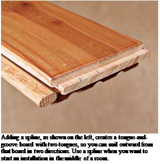 Подпись: Adding a spline, as shown on the left, creates a tongue-and-groove board with two tongues, so you can nail outward from that board in two directions. Use a spline when you want to start an installation in the middle of a room. 