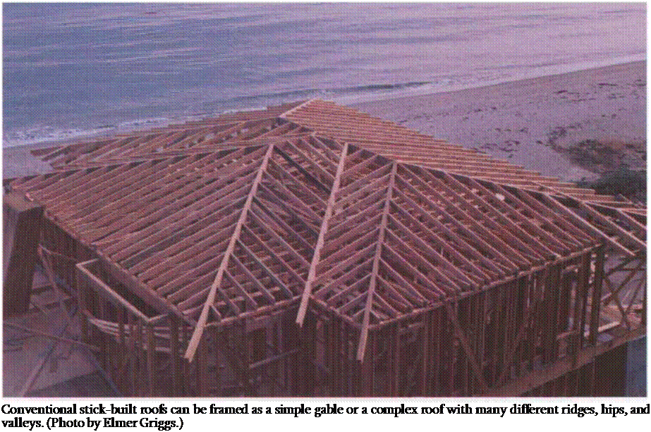 Подпись: Conventional stick-built roofs can be framed as a simple gable or a complex roof with many different ridges, hips, and valleys. (Photo by Elmer Griggs.) 