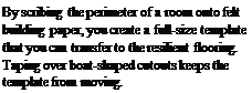 Подпись: By scribing the perimeter of a room onto felt building paper, you create a full-size template that you can transfer to the resilient flooring. Taping over boat-shaped cutouts keeps the template from moving.