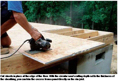Подпись: Cut sheets in place at the edge of the floor. With the circular saw's cutting depth set to the thickness of the sheathing, you can trim the excess from a panel directly on the rim joist. 