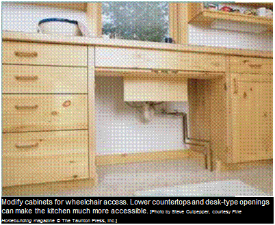 Подпись: Modify cabinets for wheelchair access. Lower countertops and desk-type openings can make the kitchen much more accessible. [Photo by Steve Culpepper, courtesy Fine Homebuilding magazine © The Taunton Press, Inc.] 