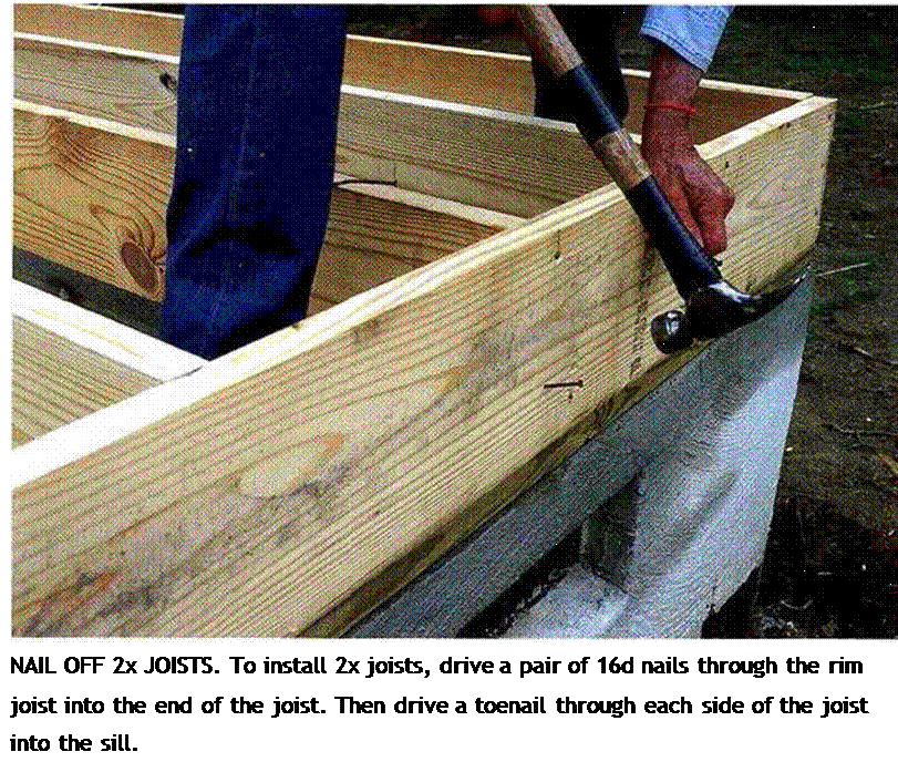 Подпись: NAIL OFF 2x JOISTS. To install 2x joists, drive a pair of 16d nails through the rim joist into the end of the joist. Then drive a toenail through each side of the joist into the sill. 