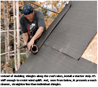 Подпись: Instead of doubling shingles along the roof rakes, install a starter strip. It's stiff enough to resist wind uplift. And, seen from below, it presents a much cleaner, straighter line than individual shingles. 