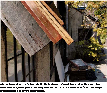 Подпись: After installing drip-edge flashing, double the first course of wood shingles along the eaves. Along eaves and rakes, the drip-edge overhangs sheathing or trim boards by ’/> in. to 3A in., and shingles extend at least 1 in. beyond the drip-edge. 