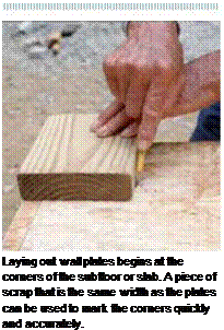 Подпись: Laying out wall plates begins at the corners of the subfloor or slab. A piece of scrap that is the same width as the plates can be used to mark the corners quickly and accurately. 