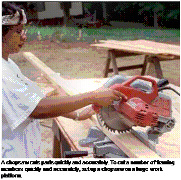 Подпись: A chopsaw cuts parts quickly and accurately. To cut a number of framing members quickly and accurately, set up a chopsaw on a large work platform. 