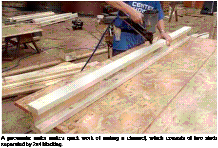 Подпись: A pneumatic nailer makes quick work of making a channel, which consists of two studs separated by 2x4 blocking. 