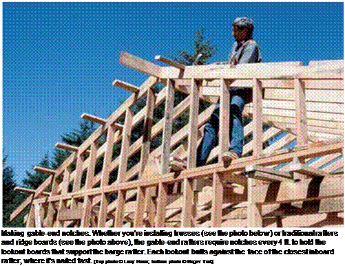 Подпись: Making gable-end notches. Whether you're installing trusses (see the photo below) or traditional rafters and ridge boards (see the photo above), the gable-end rafters require notches every 4 ft. to hold the lookout boards that support the barge rafter. Each lookout butts against the face of the closest inboard rafter, where it's nailed fast. [Top photo © Larry Haun; bottom photo © Roger Turk] 