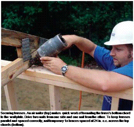 Подпись: Securing trusses. An air nailer (top) makes quick work of toenailing the truss's bottom chord to the wall plate. Drive two nails from one side and one nail from the other. To keep trusses parallel and spaced correctly, nail temporary 1x braces spaced at 24 in. o.c. across the top chords (bottom). 