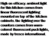 Подпись: High on efficacy. ambient light for this kitchen comes from linear fluorescent lighting mounted on top of the kitchen cabinets. the lighting over the counters comes from warm- colored fluorescent puck lights, made by tresco international.