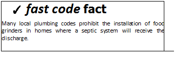 Подпись: ✓ fast code fact Many local plumbing codes prohibit the installation of food grinders in homes where a septic system will receive the discharge. 