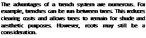 Подпись: The advantages of a trench system are numerous. For example, trenches can be run between trees. This reduces clearing costs and allows trees to remain for shade and aesthetic purposes. However, roots may still be a consideration.