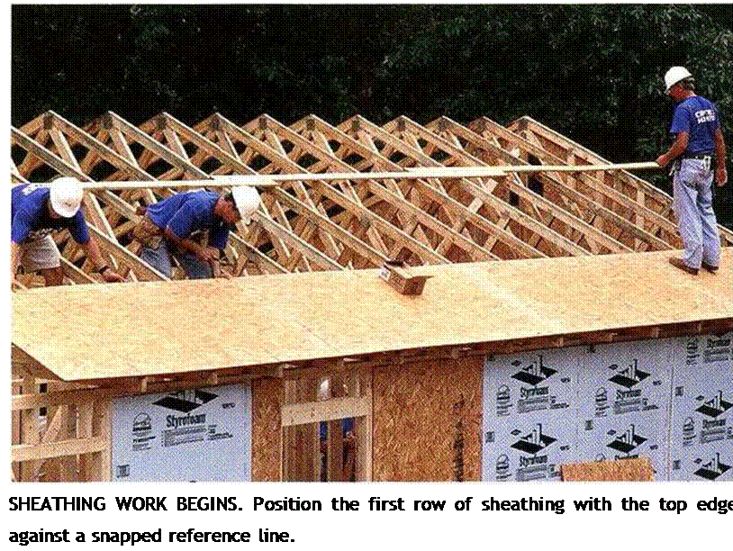 Подпись: SHEATHING WORK BEGINS. Position the first row of sheathing with the top edge against a snapped reference line. 