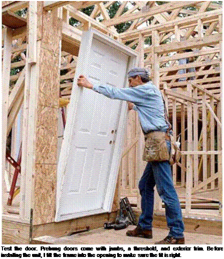 Подпись: Test the door. Prehung doors come with jambs, a threshold, and exterior trim. Before installing the unit, I tilt the frame into the opening to make sure the fit is right. 
