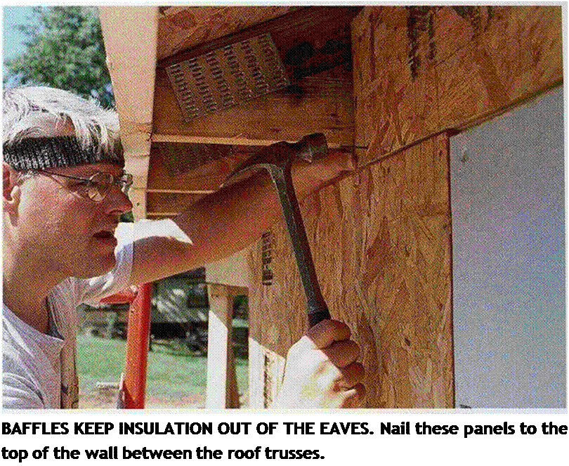 Подпись: BAFFLES KEEP INSULATION OUT OF THE EAVES. Nail these panels to the top of the wall between the roof trusses. 
