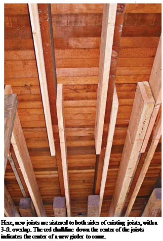 Подпись: Here, new joists are sistered to both sides of existing joists, with a 3-ft. overlap. The red chalkline down the center of the joists indicates the center of a new girder to come. 