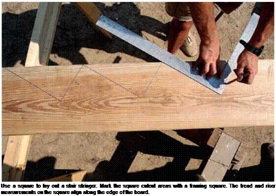 Подпись: Use a square to lay out a stair stringer. Mark the square cutout areas with a framing square. The tread and riser measurements on the square align along the edge of the board. 