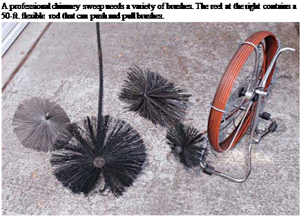 Подпись: A professional chimney sweep needs a variety of brushes. The reel at the right contains a 50-ft. flexible rod that can push and pull brushes. 