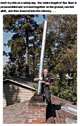 Подпись: Don't try this on a windy day. The entire length of flue liner is preassembled and screwed together on the ground, carried aloft, and then lowered into the chimney. . . 