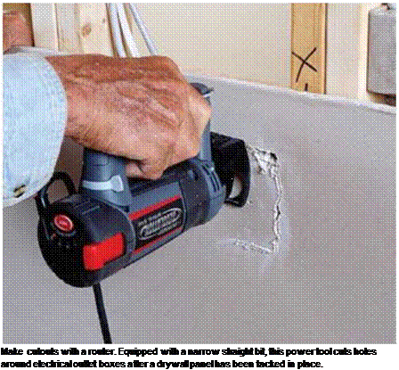 Подпись: Make cutouts with a router. Equipped with a narrow straight bit, this power tool cuts holes around electrical outlet boxes after a drywall panel has been tacked in place. 