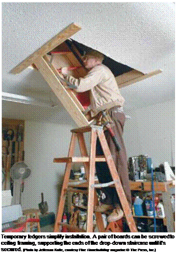 Подпись: Temporary ledgers simplify installation. A pair of boards can be screwed to ceiling framing, supporting the ends of the drop-down staircase until it's secured. [Photo by Jefferson Kolle, courtesy Fine Homebuilding magazine © The Press, Inc.] 