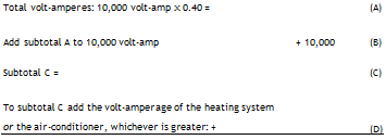 Подпись: Total volt-amperes: 10,000 volt-amp x 0.40 = (A) Add subtotal A to 10,000 volt-amp + 10,000 (B) Subtotal C = (C) To subtotal C add the volt-amperage of the heating system or the air-conditioner, whichever is greater: + (D) 