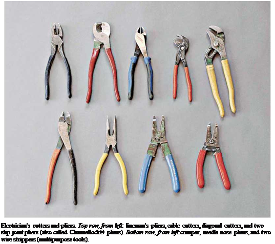 Подпись: Electrician's cutters and pliers. Top row, from left: lineman's pliers, cable cutters, diagonal cutters, and two slip-joint pliers (also called Channellock® pliers). Bottom row, from left:crimper, needle-nose pliers, and two wire strippers (multipurpose tools). 