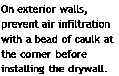 Подпись: On exterior walls, prevent air infiltration with a bead of caulk at the corner before installing the drywall.