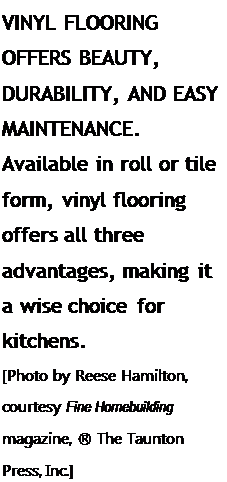 Подпись: VINYL FLOORING OFFERS BEAUTY, DURABILITY, AND EASY MAINTENANCE. Available in roll or tile form, vinyl flooring offers all three advantages, making it a wise choice for kitchens. [Photo by Reese Hamilton, courtesy Fine Homebuilding magazine, ® The Taunton Press, Inc.] 